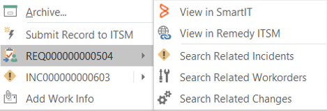 Outlook contextual menu with ITSM4Outlook options
