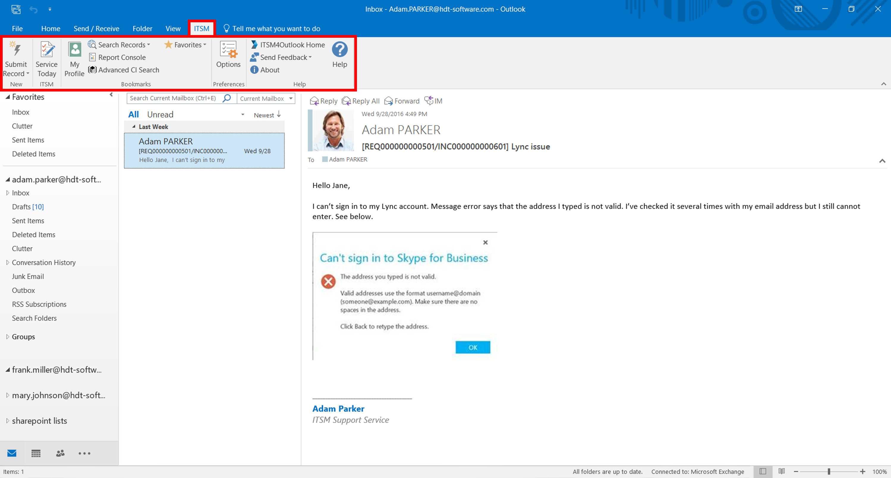 The ITSM tab in the Outlook ribbon